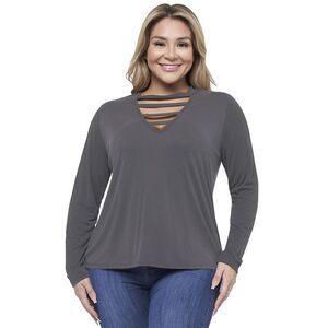 Womens Plus Size Gray Long Sleeve Strappy V-Neck Top